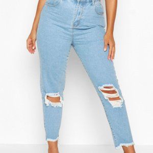 Boohoo Blue New NWT Plus Ripped Distressed High Rise Boyfriend Jean Size 14